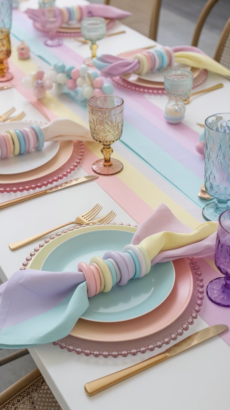 Pastel-colored napkins arranged in a rainbow pattern with silver cutlery.