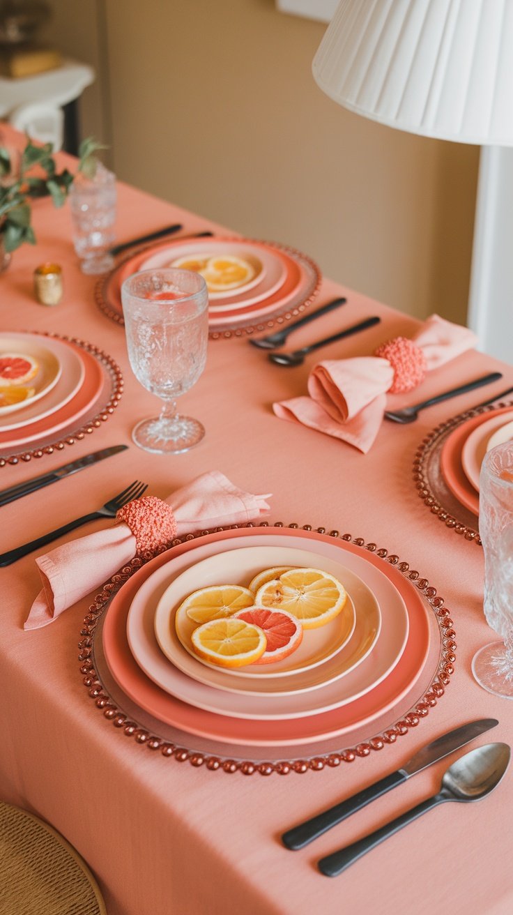 A peach and coral napkin elegantly tied with a floral ring, surrounded by slices of lemons and oranges on a pink table.