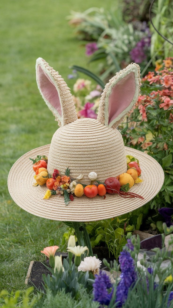 A straw hat with bunny ears and colorful fruits and flowers, inspired by Peter Rabbit.