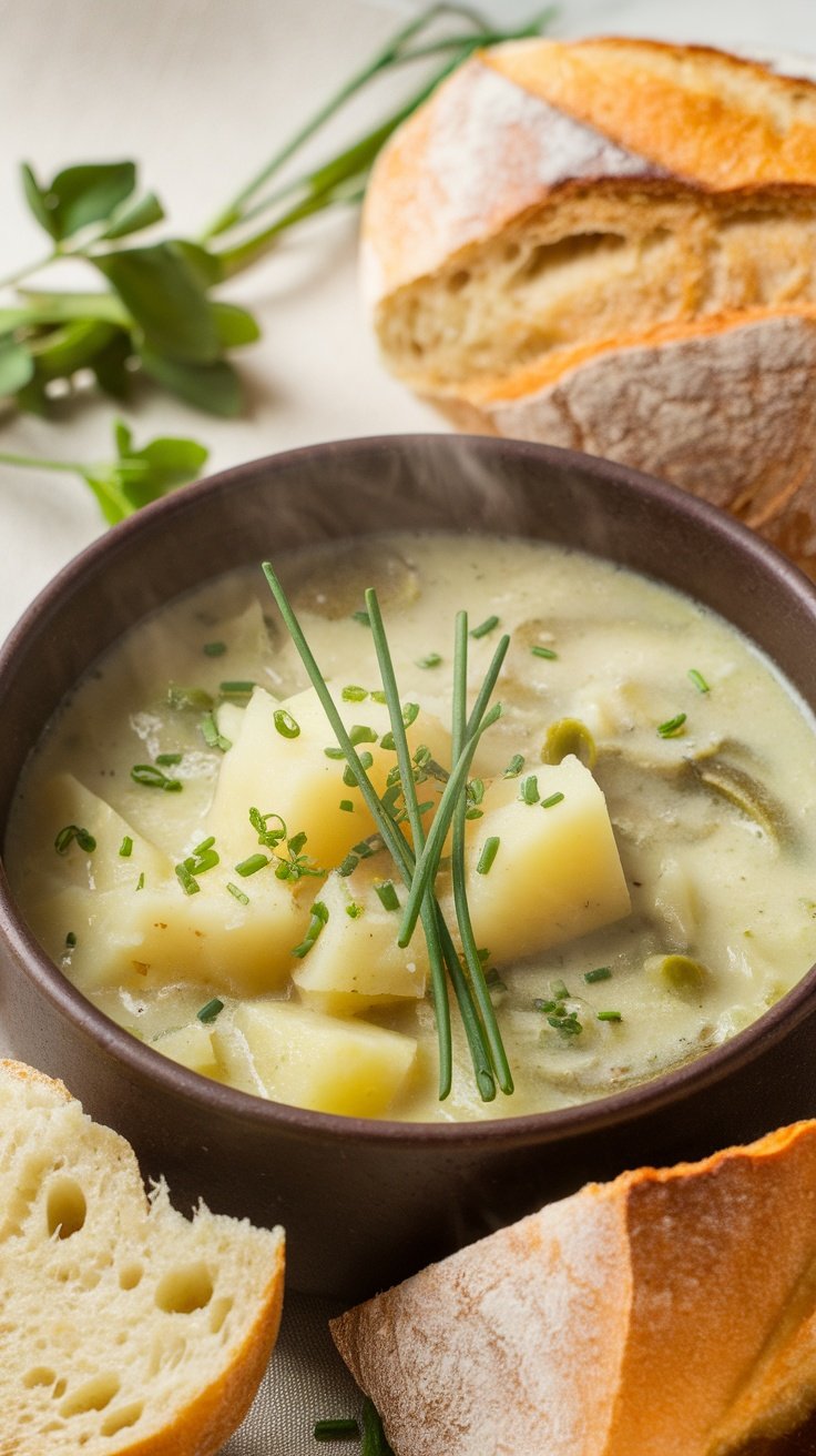 Delicious potato leek soup garnished with fresh chives in a bowl
