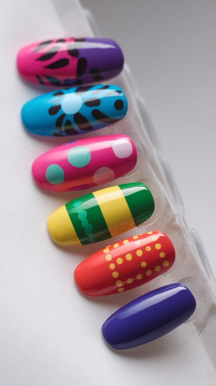 Colorful nail designs featuring bright shades and playful patterns.