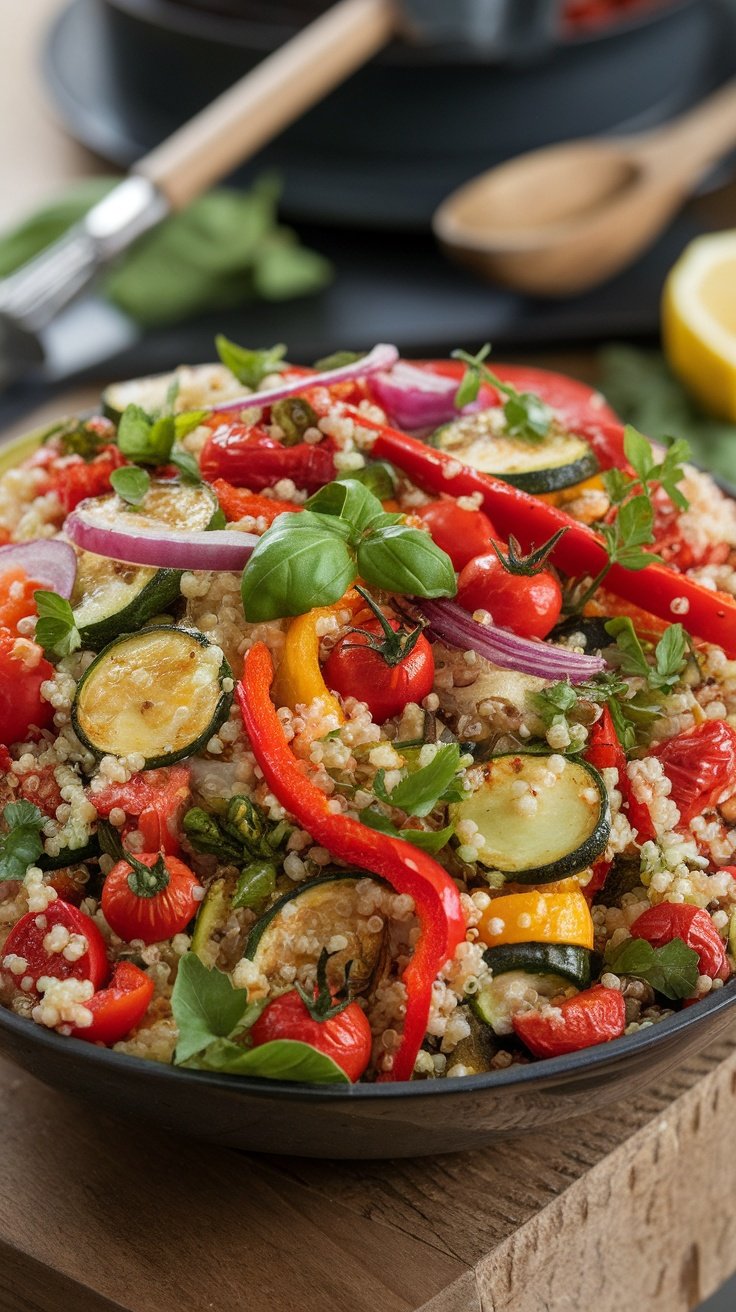 A colorful bowl of roasted vegetable quinoa salad with vibrant veggies.