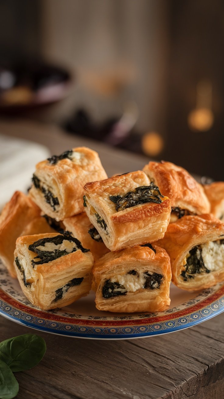 Savory spinach and feta puff pastry bites on a decorative plate.