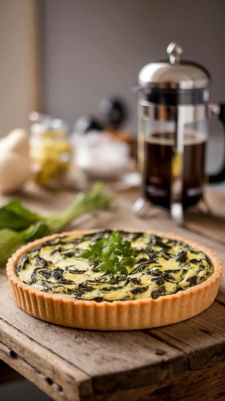 A freshly baked spinach and feta quiche garnished with herbs.