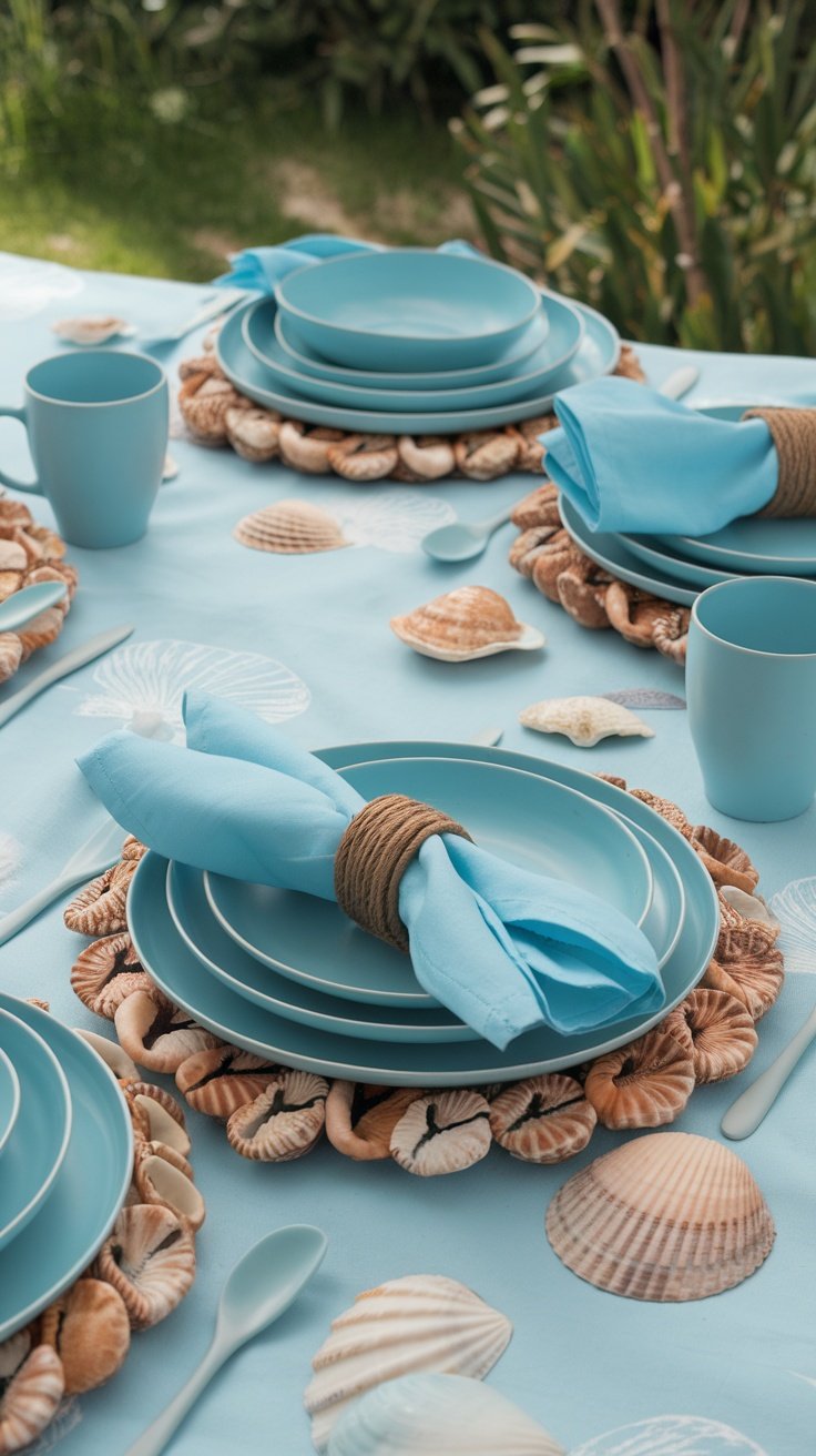 A table setting with a sky blue background, featuring a light blue napkin, twine, seashells, and a coastal vibe.