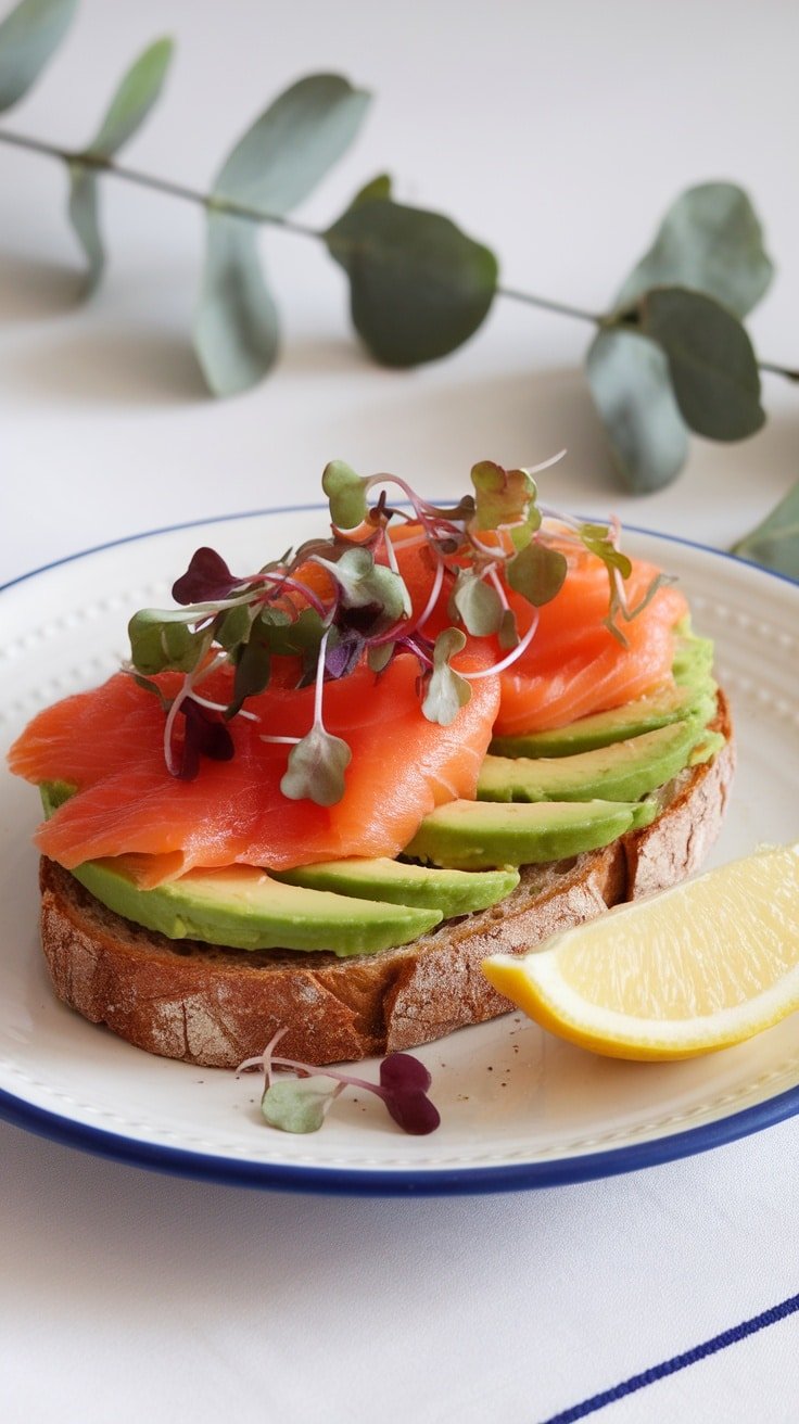 Smoked salmon and avocado toast topped with microgreens on a plate