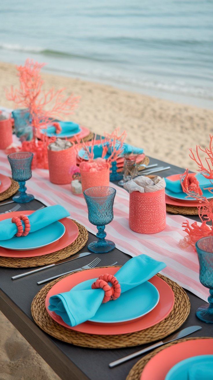A beautifully arranged table setting featuring a soft coral napkin with a DIY napkin ring, surrounded by aqua and pastel decorations.