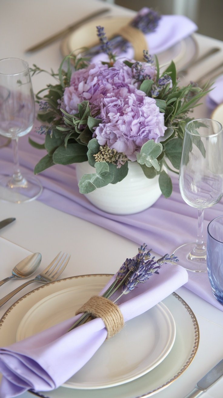 A napkin wrapped with lavender and twine on a pastel table setting