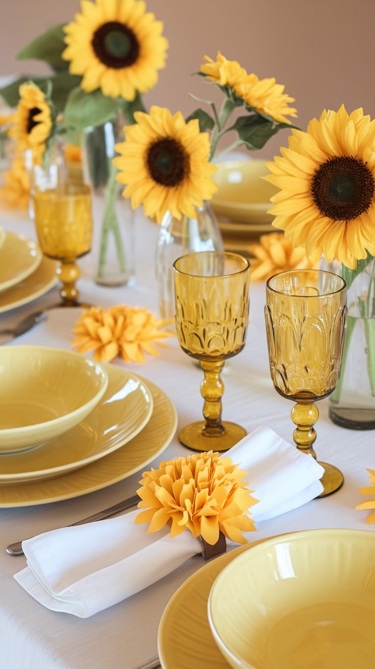 A beautiful yellow-themed tablescape featuring sunflowers, elegant napkin rings, and a cozy atmosphere.