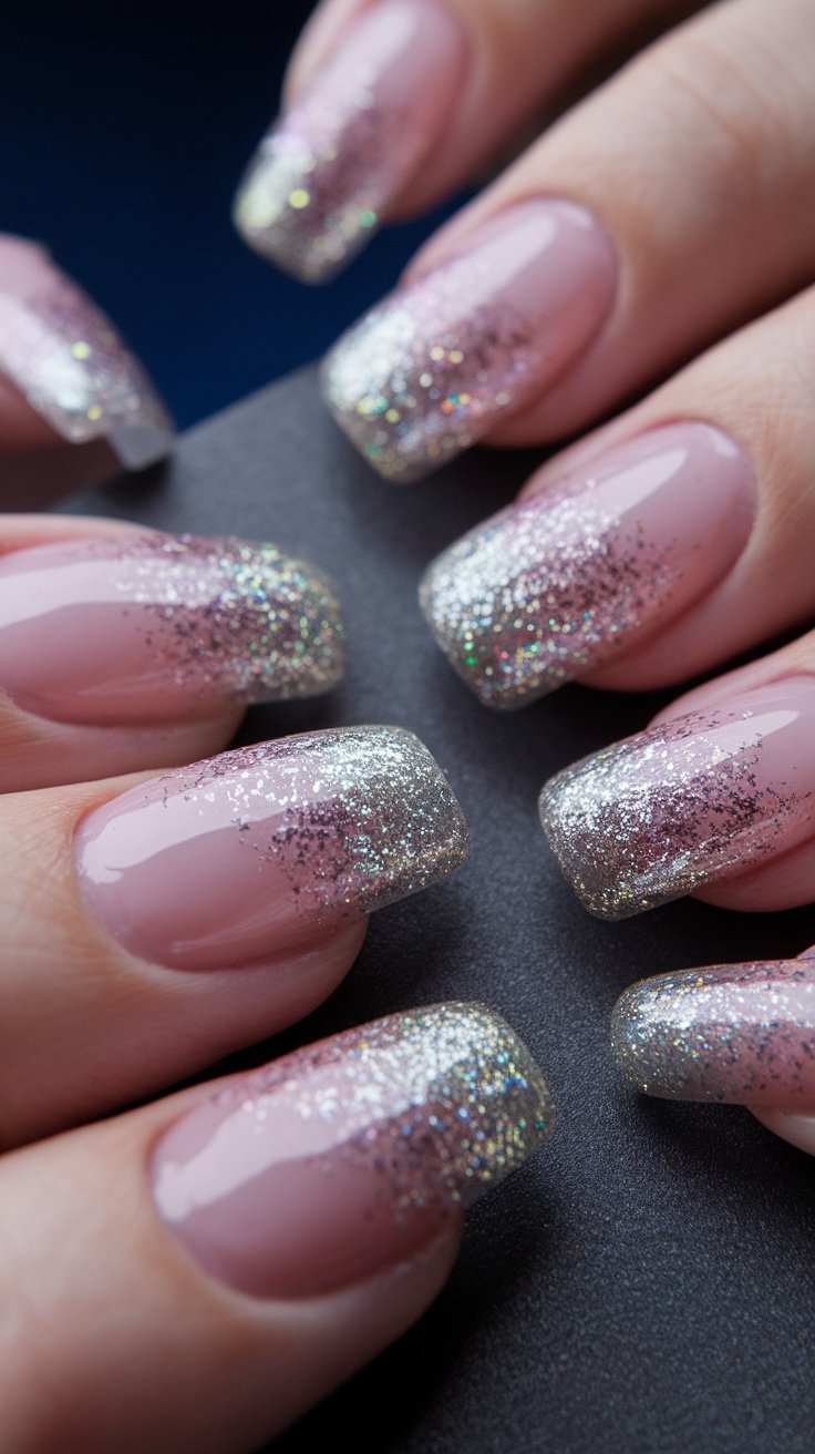 Close-up of nails featuring a sparkling glitter gradient design with a nude base transitioning to glitter tips.