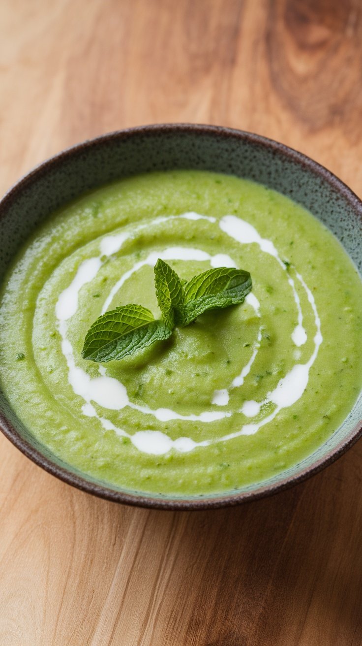 A bowl of creamy Spring Pea and Mint Soup with mint leaves garnishing the top.