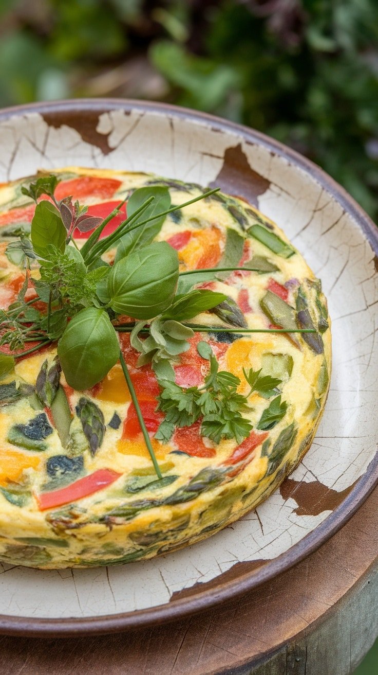 A colorful Spring Vegetable Frittata garnished with fresh herbs.