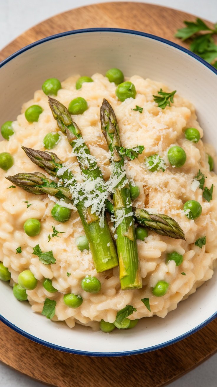 A bowl of creamy risotto topped with asparagus and peas, garnished with fresh herbs.
