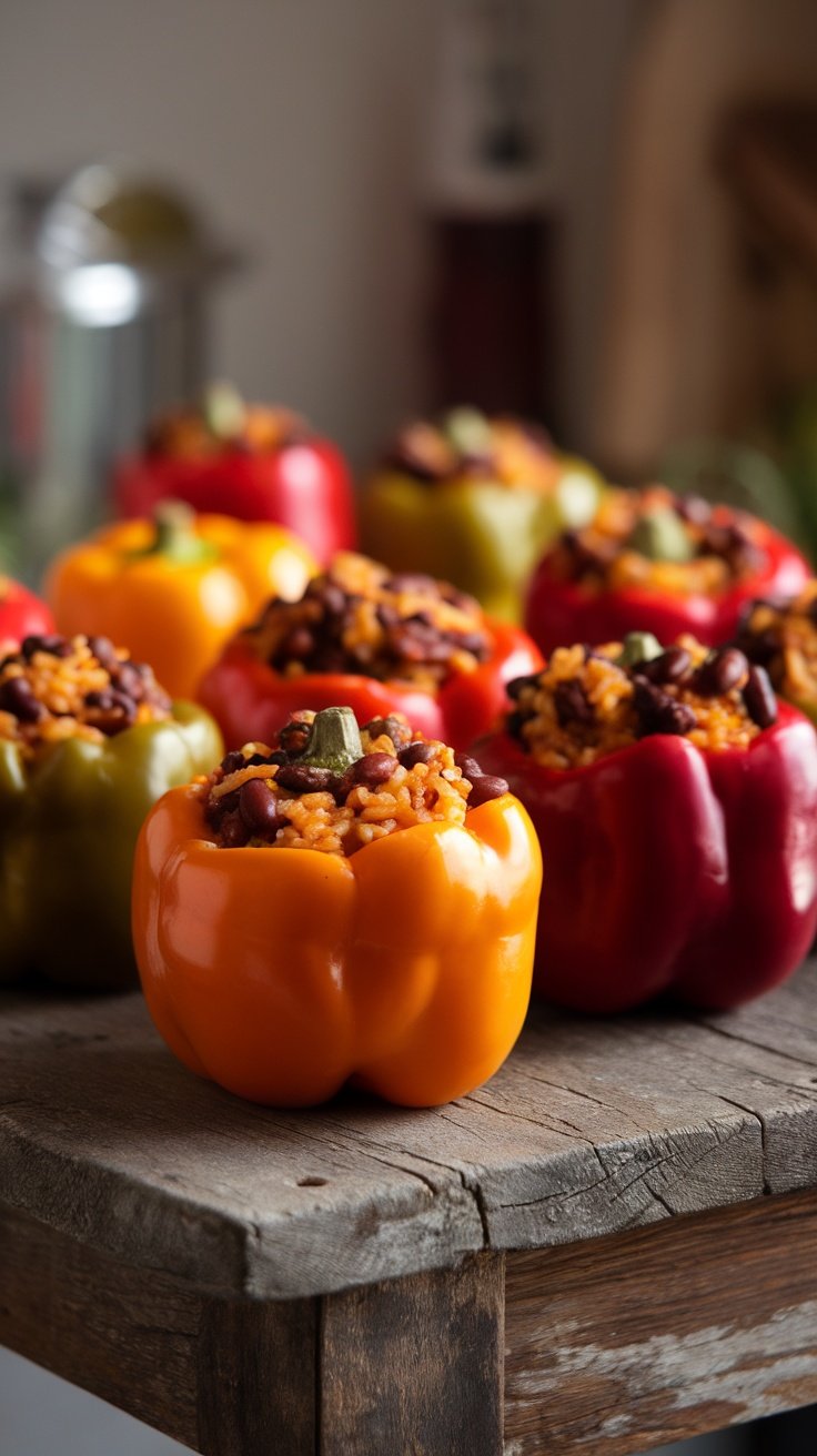 Colorful stuffed bell peppers filled with rice and beans