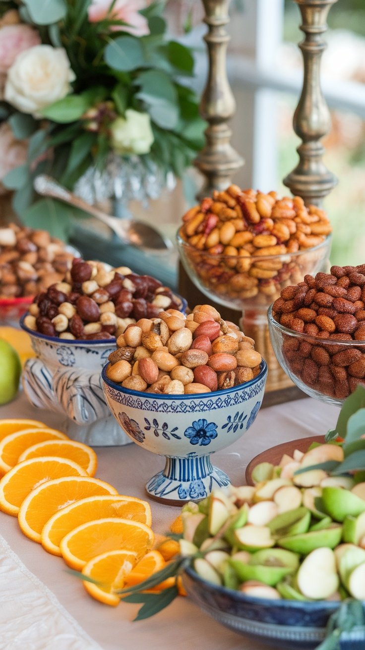 Elegant bowls filled with sweet and spicy nuts, perfect for wedding snacks.