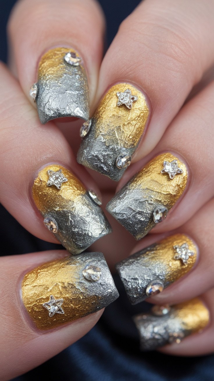 Close-up of hands with textured metallic nails in gold and silver.