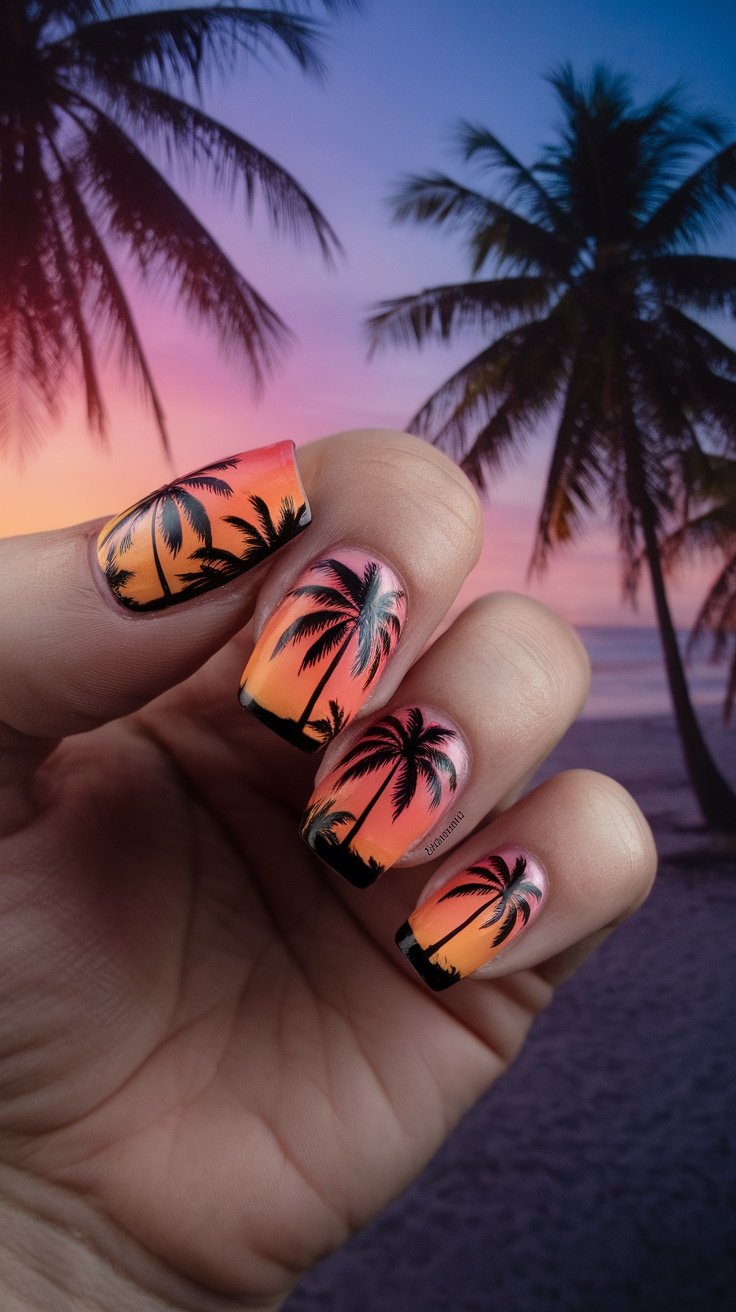 Nails featuring a sunset gradient and palm trees, perfect for a tropical vibe.