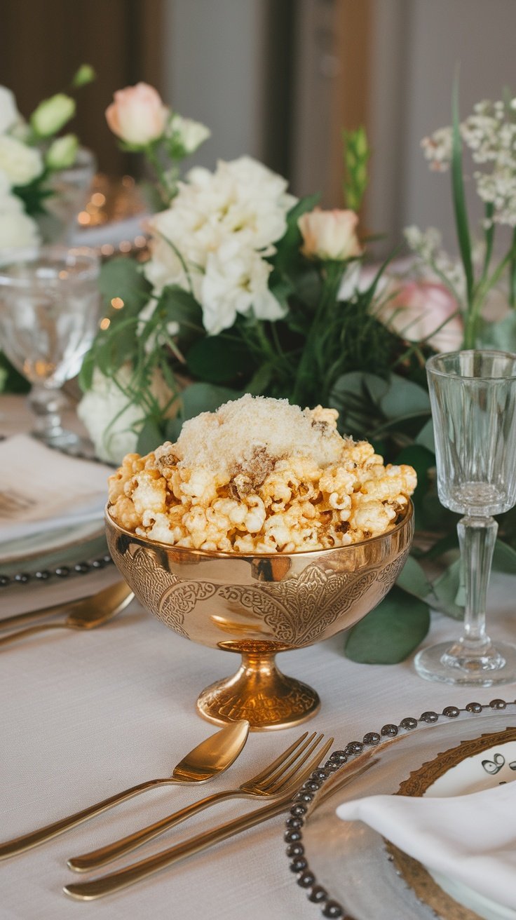 A beautifully styled bowl of truffle popcorn topped with Parmesan cheese, showcasing an elegant wedding snack.