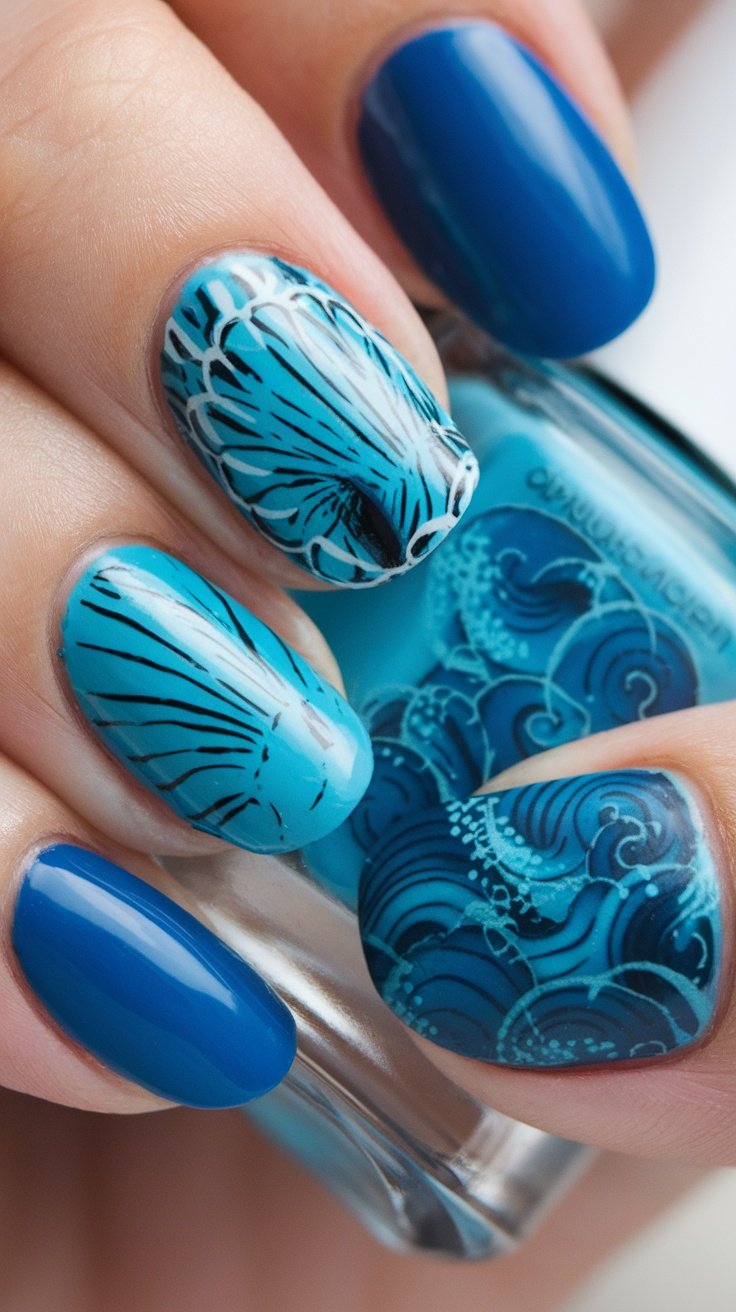 Nail art featuring blue hues and wave patterns, representing an under the sea theme.