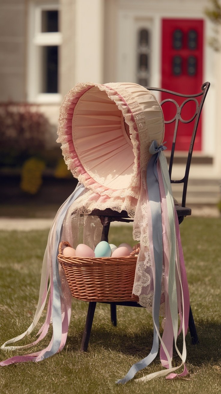 A vintage Easter hat on a chair, alongside a basket of pastel-colored eggs.