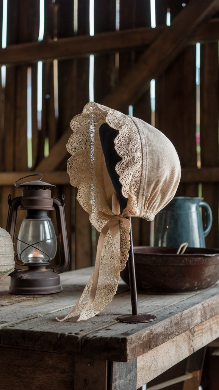 A vintage lace bonnet displayed on a stand with rustic background elements.