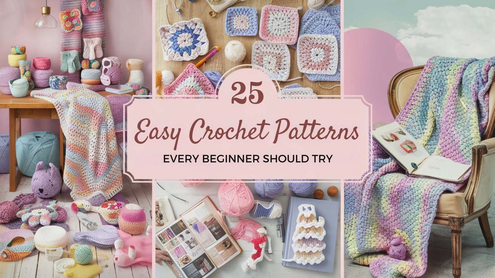 An image featuring a craft room setting with a variety of crochet projects. There is a wooden table with an assortment of colorful yarns, crochet hooks, and finished items like scarves, granny squares, and amigurumi toys. A cozy knitted blanket is draped over a vintage chair, and an open book of crochet patterns is nearby. The background is soft pastel colors like pinks, lavenders, and sky blues.