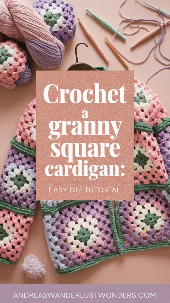 An image of a cozy and inviting scene with a soft pastel palette of blush pink, lavender, and cream. The background contains a few completed granny squares artfully arranged, a skein of yarn, and crochet hooks.