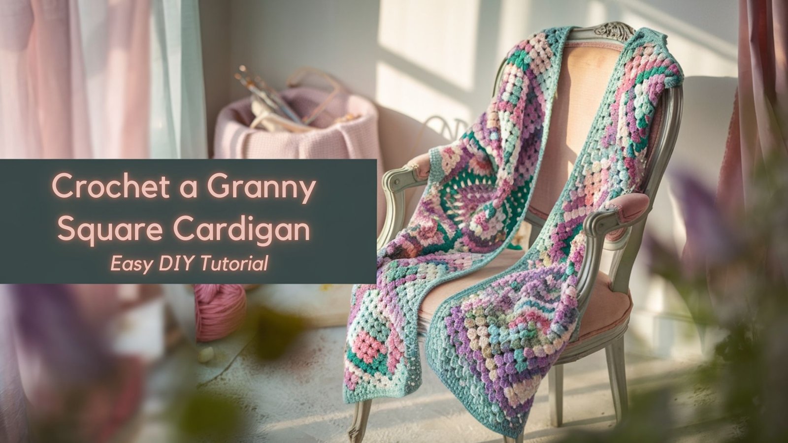 A cozy and inviting setting showcases a colorful granny square cardigan effortlessly draped over a vintage-style wooden chair. The chair is placed near a sunlit window, casting gentle shadows and illuminating the vibrant colors of the cardigan. The background is slightly blurred but includes cozy elements like a soft yarn basket with crochet hooks and skeins, adding to the crafting ambiance. The lighting is soft and warm, evoking a sense of comfort and creativity. The dominant color palette is feminine with soft pinks, lilacs, and pastel blues in the surroundings.