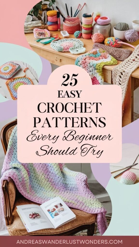 An image of a craft room setting with a variety of crochet projects. There is a wooden table with an assortment of colorful yarns, crochet hooks, and finished items like scarves, granny squares, and amigurumi toys. A cozy knitted blanket is draped over a vintage chair, and an open book of crochet patterns is nearby. The background is soft pastel colors like pinks, lavenders, and sky blues.
