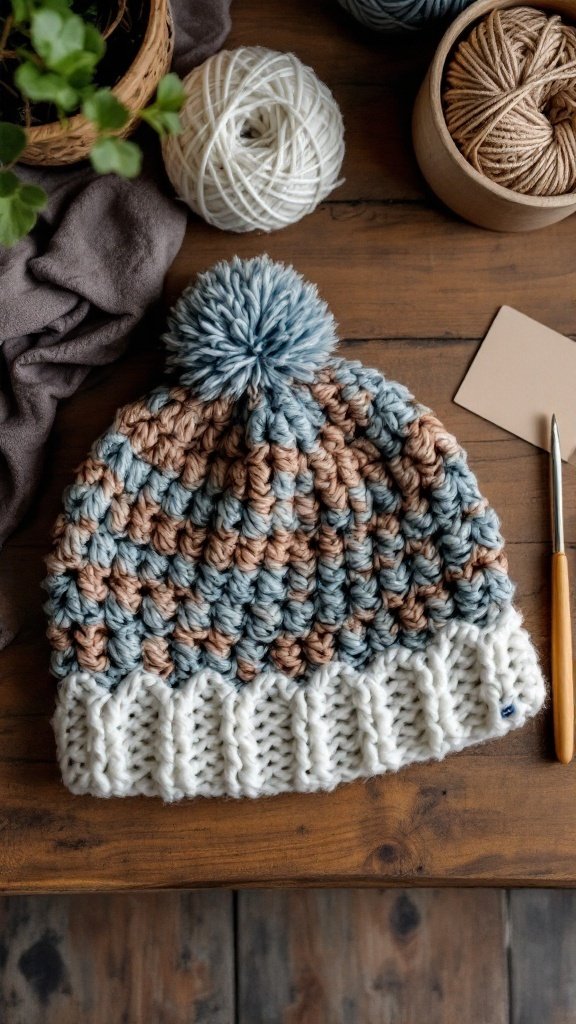 A handmade crochet beanie with a pom-pom, featuring a blend of blue and brown colors, displayed on a wooden table with yarn and a crochet hook.