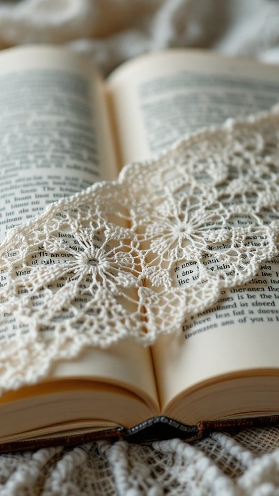 A delicate crochet bookmark placed on an open book