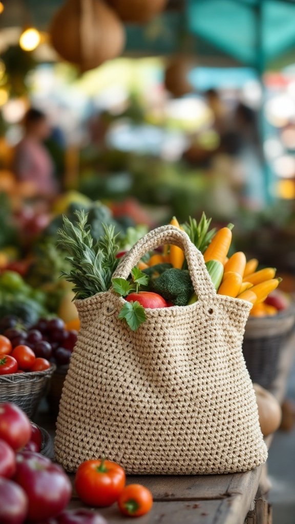Crochet market bag filled with fresh vegetables at a vibrant market