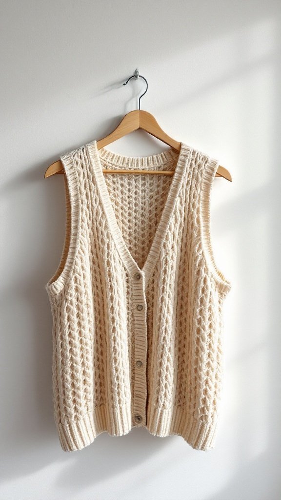 A cream-colored, knitted sweater vest hanging on a white wall.