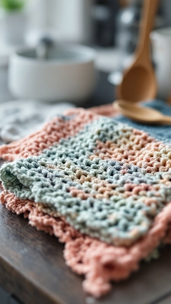 A colorful crochet dishcloth in pastel hues, laid on a wooden surface with kitchen tools in the background.