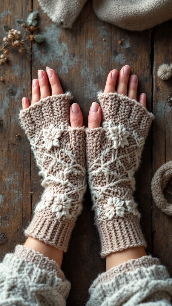 A pair of cozy fingerless gloves with floral designs laid on a wooden surface