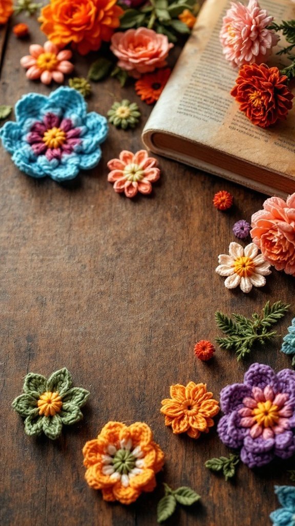 A variety of colorful crochet flower motifs scattered on a wooden surface beside an open book.