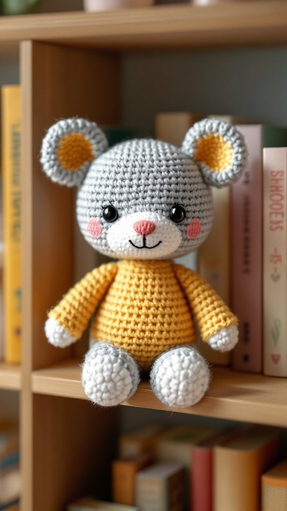 A cute crocheted mouse toy in gray and yellow sitting on a shelf filled with books.