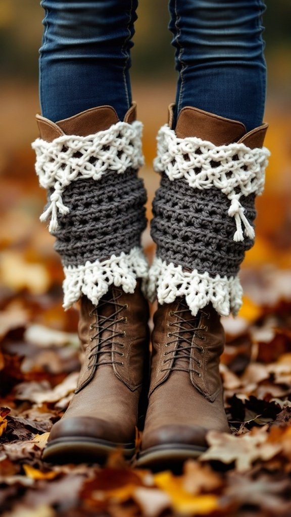 A close-up of stylish crochet boot cuffs in gray and cream, worn over brown boots, with a backdrop of autumn leaves.