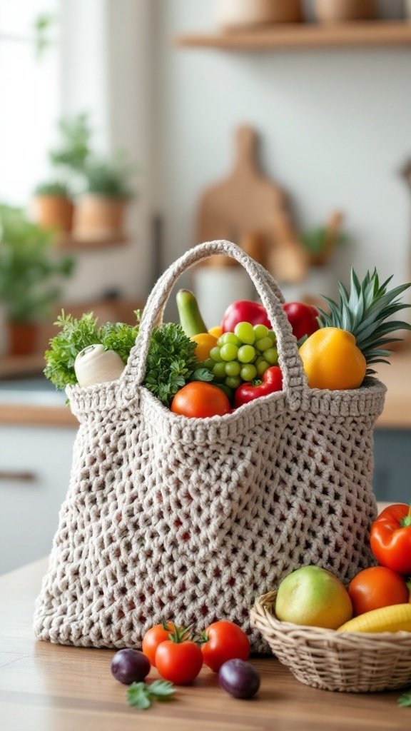 A crochet tote bag filled with fruits and vegetables, placed on a kitchen table.