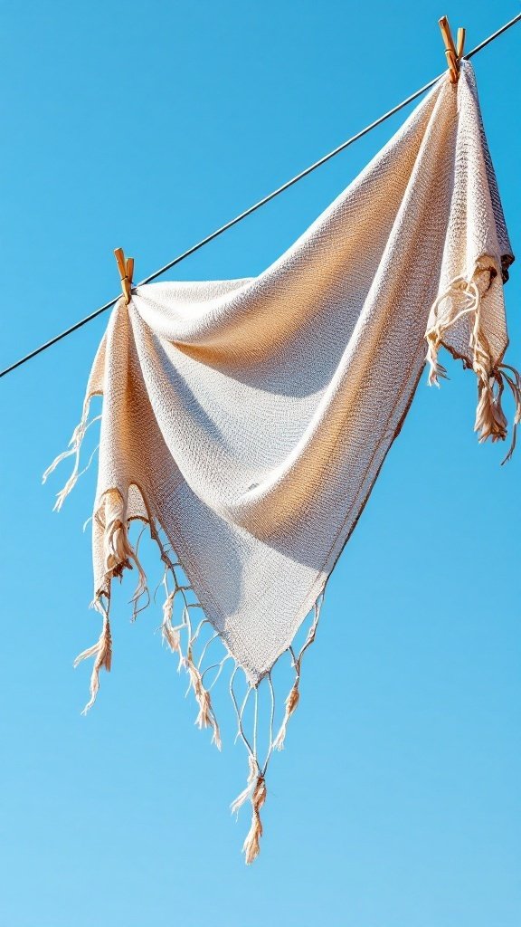 A triangle shawl hanging on a clothesline against a clear blue sky, showing its soft texture and fringes.