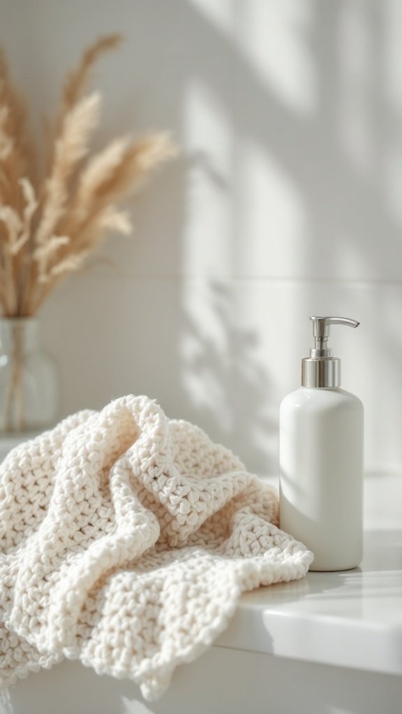 A textured crochet washcloth next to a soap dispenser in a bright bathroom setting.