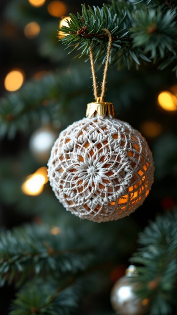 A crochet ornament hanging on a Christmas tree, featuring a delicate lace design that allows light to shine through.
