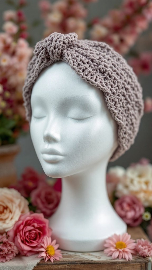 A knitted headband displayed on a mannequin head with flowers in the background