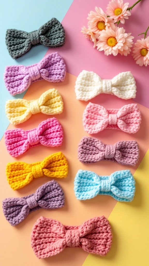 Colorful crochet headbands for kids with bows, displayed on a vibrant background