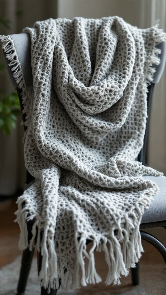 A cozy gray scarf draped on a chair, featuring a textured pattern with fringe at the edges.