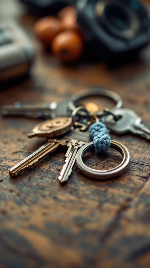 A close-up view of a keychain with crochet detail on a wooden surface