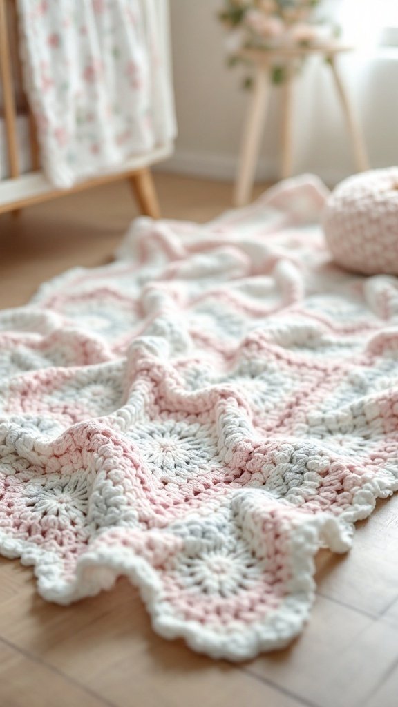 A cozy crochet baby blanket displayed on a wooden floor, featuring pink and white patterns.