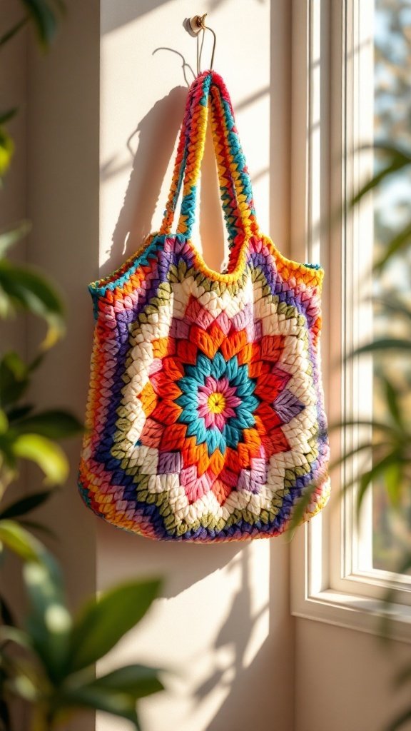 A colorful crochet tote bag with a starburst pattern hanging by a window.