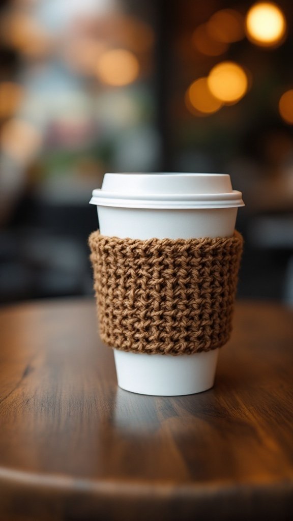A handmade brown crochet cup sleeve on a white coffee cup, placed on a wooden table.
