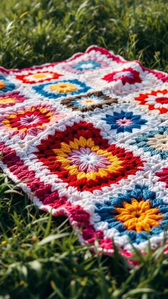 A colorful granny square blanket spread out on grass.